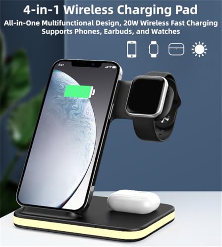 4 in 1 Wireless Charging Station, Travel Charging Pad, Soft Glow Night Light and Pure Copper Dual Coils, Wireless Charging Stand Dock for iPhone
