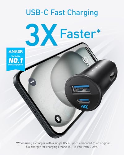 Anker 30W 2-Port PowerIQ 3.0 USB C iPhone Car Charger, Type-C Car Adapter