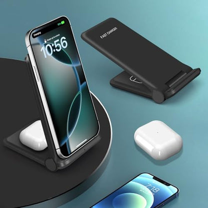 25W Wireless Charger,Foldable 2 in 1 Wireless Charging Station for Apple iPhone 16/16 Pro/15/14/13/12/11/Plus/SE/X/Airpods,PDKUAI 15W Fast Dual Wireless Induction Charge Stand for Samsung/LG - color: Black