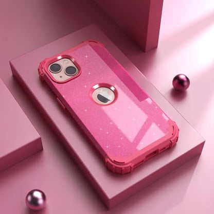 IDweel for iPhone 15 Case with Screen Protector,Luxury 3 in 1 Shockproof Slim Fit Hybrid Heavy Duty Protection Glitter Hard PC Cover Soft Silicone Bumper Full Body Case,Glitter Rose Red - color: Glitter Rose Red