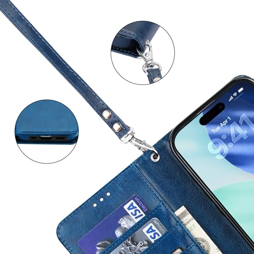 Bocasal Detachable Wallet Case Card Holder for iPhone 17, Blue | RFID Blocking Kickstand Card Slots Holder PU Leather Magnetic Shockproof Wrist Strap Removable Flip Protective Cover 6.3 inch - color: Blue