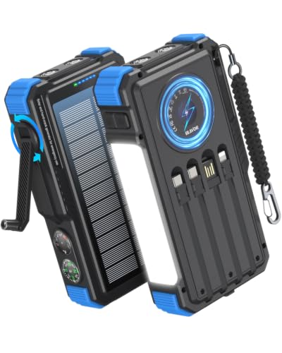 BLAVOR Solar Power Bank with Hand Crank and Built-in 4 Cables 20000mAh - color: Blue