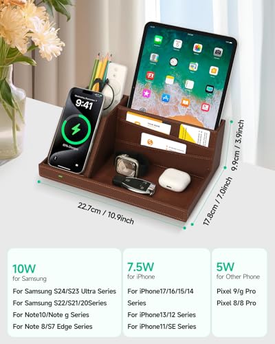 Fast Wireless Charging Station with Desk Organizer for iPhone 17/16/15/15 Pro/14/14 Pro Max/14 Pro/14 Plus/13/13 Pro Max/13 Pro/and iPhone 12/11 Series, Nightstand Desktop Organizer, Brown - color: Brown