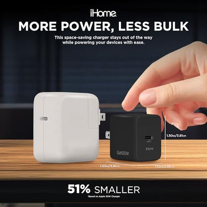 iHome GaN Universal USB-C Charger Block, Power Delivery, Folding Prongs, Compact Travel Design for Phones, Tablets & USB-C Devices (Black, 30W) - color: Black, size: 30W