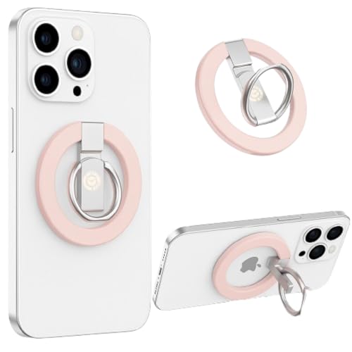 Pink Ergonomic Phone Ring Holder Magnetic Kickstand iPhone 11 to 17 Pro Max Samsung Galaxy S24 Ultra Anti-Slip Grip 360 Adjustable Foldable Finger Loop Wireless Charging Lightweight - color: Pink Metal Holder