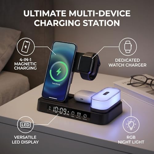 ASHATA 4 in 1 Wireless Charging Station 3 in 1 Stand with Digital Alarm Clock 7 Color Night Light for Phone Watch Earbuds (Black) - color: Black