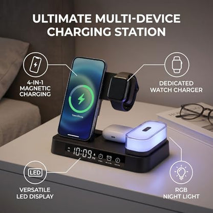 ASHATA 4 in 1 Wireless Charging Station 3 in 1 Stand with Digital Alarm Clock 7 Color Night Light for Phone Watch Earbuds (Black) - color: Black