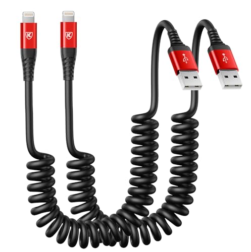 Coiled Lightning Cable 3ft, 2 Pack iPhone Charger Cable for Car - Red - color: Red, size: 3FT, style: USB A to Lightning