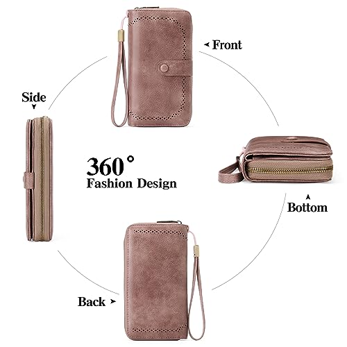 GAEKEAO Leather Credit Card Holder Wallet for Women RFID Blocking Large Capacity Bifold Zipper Card Case Organizer with Wristlet 45 Slots - color: Pink