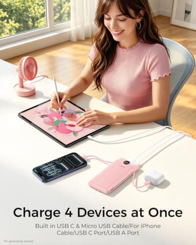 VEGER Portable Charger for iPhone, Power Bank Built in Cables and Wall Plug - color: F Dark Pink