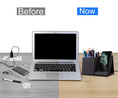 COSOOS Fast Wireless Charger with Desk Organizer, Desk Phone Charger Compatible with 15/15 Pro/15 Pro Max/14/13/12/11/XS/8 Plus, Galaxy S21/S20+/S10/Note 10/Note 9/(No AC Adapter) - color: Black