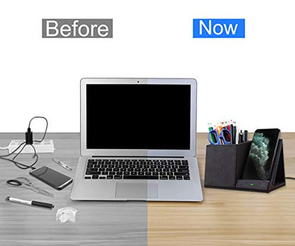 COSOOS Fast Wireless Charger with Desk Organizer, Desk Phone Charger Compatible with 15/15 Pro/15 Pro Max/14/13/12/11/XS/8 Plus, Galaxy S21/S20+/S10/Note 10/Note 9/(No AC Adapter) - color: Black