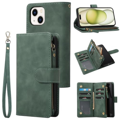 RANYOK Wallet Case for iPhone 15 (6.1 inch) with RFID Blocking Credit Card Holder, Premium PU Leather [Zipper Pocket] Flip Folio Wallet with Wrist Strap Kickstand Protective Case (Black Green) - color: Black Green
