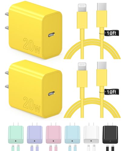 iPhone Charger Fast Charging 10FT 20W USB C Charger Block Super Fast Charger Cable Compatible with iPhone14/14 Pro Max/13/13Pro/12/12 Pro/11,iPad(Yellow - color: Yellow, size: 10FT