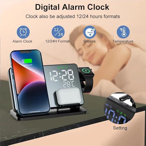All-in-one Wireless Charger,Clock,Alarm,Calendar,Temperature Display,15W Fast Charging.Wirelessly Charge Phone,Watch,Earbuds simultaneously,Compatible with Qi-Enabled Devices,W669 Black. - color: Multi Functional Alarm Clock W669 Black