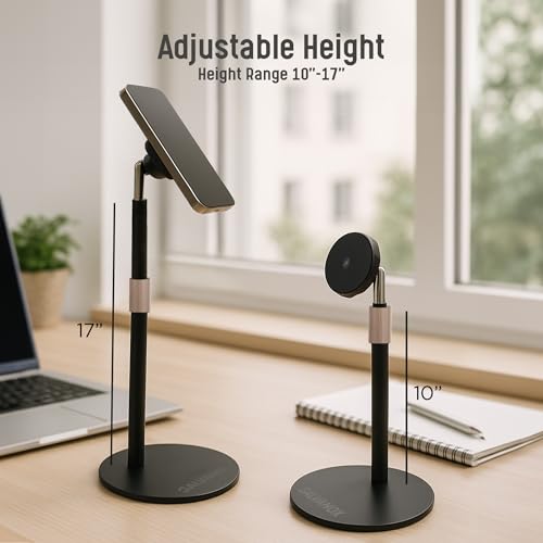 GALVANOX Magnetic Fast-Charging Desk Phone Stand (Adjustable Height) Compatible with MagSafe, Tall Wireless Charger, Heavy Metal Base (15W) Desktop iPhone Holder, Great for Office/Video Calls