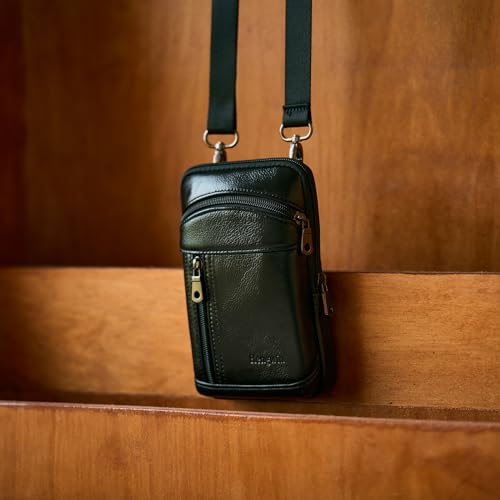 Genuine Leather Crossbody Bag for Men/Women, Small Messenger Bag Cell Phone Purse Shoulder Holster Passport Pouch - color: Black