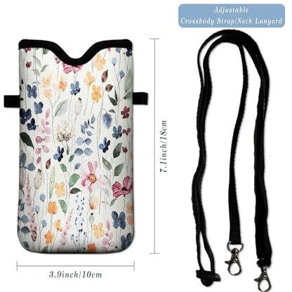 Universal Neoprene Cell Phone Pouch 7.1 X 4 in Mobile Protection Case Bag with Crossbody Strap/Neck Lanyard Colorful Boho Leaf Printed Pattern - color: Colorful Boho Leaf Printed Pattern