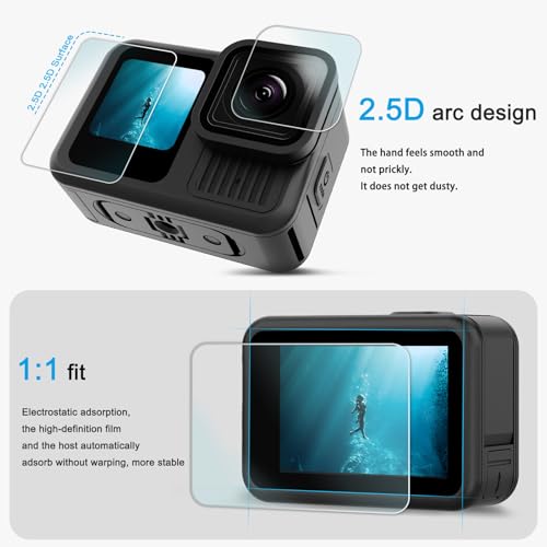 FiTSTILL Screen Protector[9 PCS] for Go Pro Hero 13 Black,Ultra Clear Tempered Glass Back Screen Protector + Tempered Glass Lens Protector + Front Screen Protector - 3 Packs + Lens Cover - size: For Go Pro hero 13 black