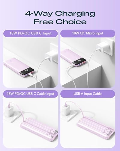 Orfeika 20000mAh Power Bank, Portable Charger with 4 Built-in Cables - color: Lavender