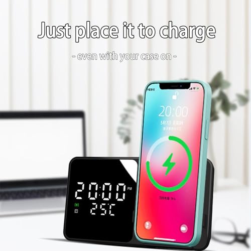Multi-Function Wireless Charging Station with Digital Clock & Thermometer, 15W Fast Qi-Certified Charger, Alarm Clock, Fixed Stand Compatible with All Qi-Enabled Phones-W5 White - color: Multi Functional Alarm Clock W5 White