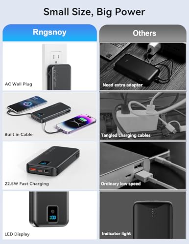 Portable Charger 12000mAh 22.5W w/Built-in Cable & Wall Plug Black - color: Black