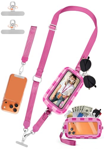 takyu Phone Strap Crossbody with Detachable RFID Wallet - color: Magenta Light Pink Checkered