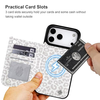 HAOPINSH Wallet Case for iPhone 17 Pro Max,Compatible with MagSafe Wireless Charging, White Leopard Cheetah Pattern Back Flip Folio Leather Kickstand Card Slots Case Double Magnetic Clasp Cover 6.9" - color: White Leopard for MagSafe