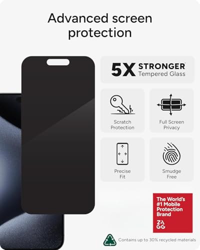 ZAGG Elite Privacy 360 Glass Screen Protector for iPhone 16 / iPhone 15-5X Ultra Strong Tempered Glass, 4-Way Privacy Filter, Scratch Protection, Anti-Smudge, Easy to Install, InvisibleShield