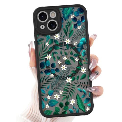 Designed for iPhone 15 Case Green Leaf Floral Pattern, Black | [Compatible with MagSafe] Translucent Matte Backplate Slim Fit Anti Shock Anti Fall Protection Phone case for Girls Women - color: Green Leaves Flower, size: iPhone 15