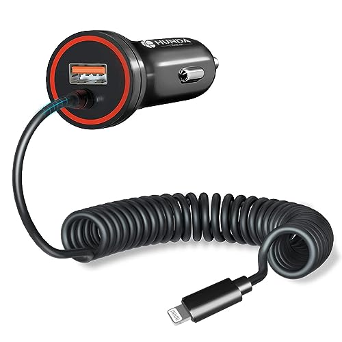 HUNDA Fast Car Charger 48W, Dual Port Super Fast Charging with PD3.0 & QC4.0, Car Accessories with Built-in 5ft Coiled Lightning Cable for iPhone 15-11 Series, iPad & More