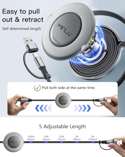 Minlu 3 in 2 Multi Charging Cable, 4Ft Retractable Chargers for All Devices,Multiple USBC Charger Cable Adapter with USB A/C to Lightning/USB C/Micro USB Port for iPhone 17/16/15/14/Samsung/PS