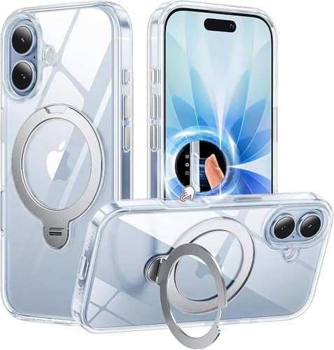 360° Ring Stand for iPhone 17 Case, Compatible with MagSafe, Military-Grade Protective,Anti-Yellowing, Scratch-Resistant Back Cover Phone Case for iPhone 17 6.3'', Clear - color: A-Clear stand, size: iPhone 17
