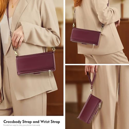 Antsturdy Crossbody Phone Wallet Case for iPhone 14 Plus,Wine Red | RFID Blocking,PU Leather Flip Cover,Kickstand,with Credit Card Holder,Wrist Strap Lanyard & Handbag Purse,for Women & Men - color: (Crossbody) - Wine Red
