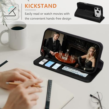 for iPhone 17 Pro 6.3" Wallet Case Card Holder Black | Magsafe Compatible,RFID Blocking,Kickstand,Folio Cover,Genuine Leather - color: Black, size: 6.3" iPhone 17 Pro