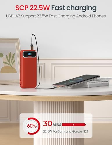 aonidi Portable Charger 12000mAh with Built-in Cables&AC Wall Plug, Red - color: Red