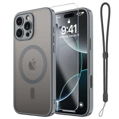 Magnetic Case for iPhone 16 Pro Case with Screen Protector+Wrist Strap | Compatible with MagSafe,Full Camera Protection,Slim Translucent Matte Phone Cover,Grey - color: Grey