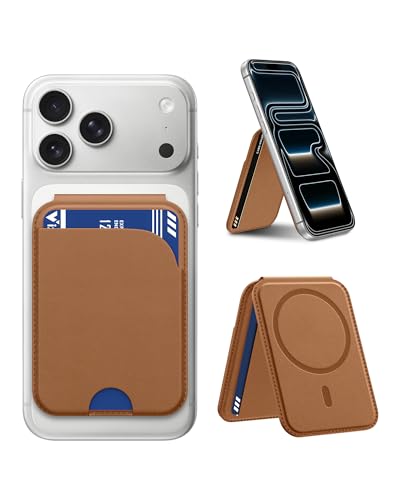 Vizvera for Magsafe Card Holder with RFID Blocking Leather Wallet Magnetic Card Holder 5 Cards for Phone Lightweight Magnetic Stand Adjustable Leather ID Window Cash Slot Magnetic Closure, Mens Gift - color: Brown
