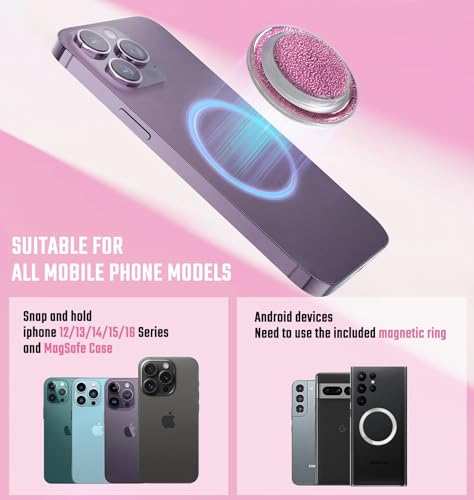 Magnetic Phone Grip, Magnetic Collapsible Expandible Mobile Phone Grips Stand Holder for iPhone 17 16 15 14 13 12 Series, Sparkly Transparent Pink