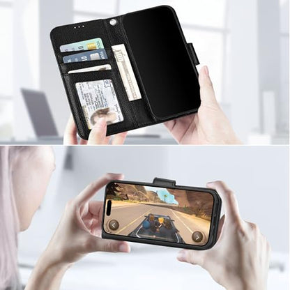 Arae Compatible with iPhone 17 Case Wallet with Card Holder, Wristlet Strap Wallet Flip Cover for iPhone 17 6.1 inch Men/Women, RFID Blocking, Kickstand, Litchi Black - color: Litchi Black, size: iPhone 17 6.1 inch