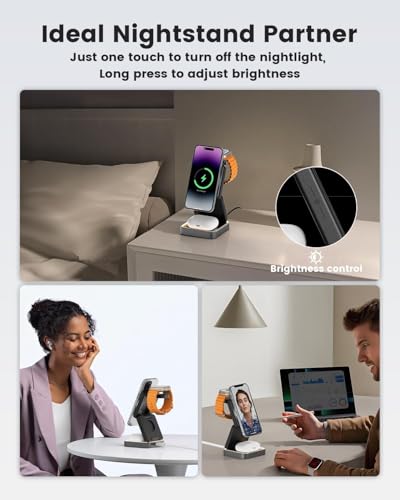 3 in 1 Wireless Charging Station Magnetic Wireless Charger,Portable Foldable Travel Essential with Nightlight Fast Charger Stand for iPhone 17 Pro Max/17 Pro/17Air/17/16/15/14/13,AirPods&Apple Watch - color: Black