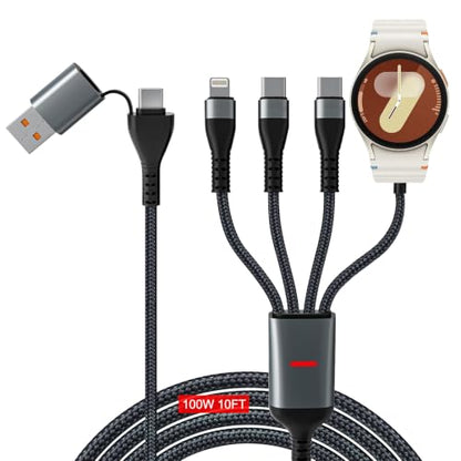 100W Multi Charge Cable for Galaxy Watch/2 USB C/Lightning, 10FT - color: Black 02