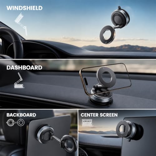 Magnetic Car Phone Mount for Dashboard, Vacuum Suction Phone Holder with Strong MagSafe-Compatible Grip, Foldable Design, 360° Rotation, Dashboard Pad Included, for iPhone & Smartphones