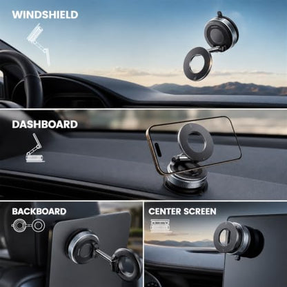 Magnetic Car Phone Mount for Dashboard, Vacuum Suction Phone Holder with Strong MagSafe-Compatible Grip, Foldable Design, 360° Rotation, Dashboard Pad Included, for iPhone & Smartphones