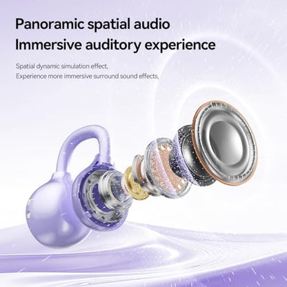Open Ear Wireless Earbuds for Women with Makeup Mirror Charging Case, Clip-on Bluetooth 6.0 Headphones with Spatial Audio, Includes Flower & Butterfly Earrings, Long Battery Life (Purple) - color: Purple