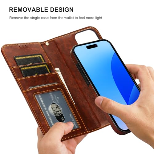 Bocasal Detachable Wallet Case Card Holder for iPhone 16 Pro Max Brown | RFID Blocking Kickstand Card Slots Holder PU Leather Magnetic Shockproof Wrist Strap Removable Flip Protective Cover 6.9 inch - color: Brown
