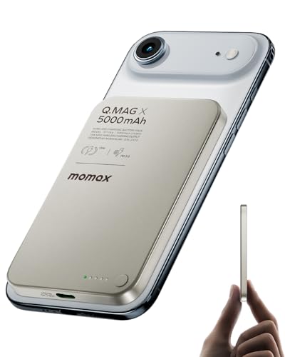 MOMAX Magnetic Wireless Power Bank 5000mAh, Ultra-Slim 0.3" MagSafe-Compatible Portable Charger, 20W USB-C PD Fast Charging, for iPhone 17/16/15/14/13/12 Series, Samsung Galaxy & Google Pixel