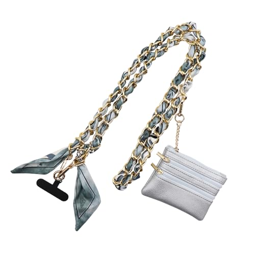 Phone Silk Strap with Zippered Pouch，Fashion Gold Chain(Gray) - color: Gray