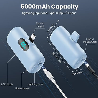 [2-Pack] Mini Portable Charger 5000mAh Power Bank,3A PD USB C Cell Phone Portable Power, LCD Display Battery Pack Compatible with iPhone 17/17 Air/16/16 pro/15/15 pro Max/Android/Samsung/Moto/LG etc - color: Light green+Light blue
