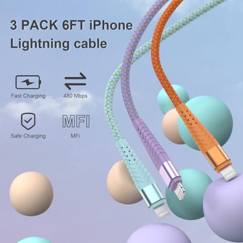 iPhone Charger Fast Charging Lightning Cable 6FT 3Pack[Apple MFi Certified] Long iPhone Charger Cord Nylon Braided USB Cable Compatible with iPhone 14/13/12 Pro Max/12Pro/11 (Pack of 3) - size: 6FT (Pack of 3)